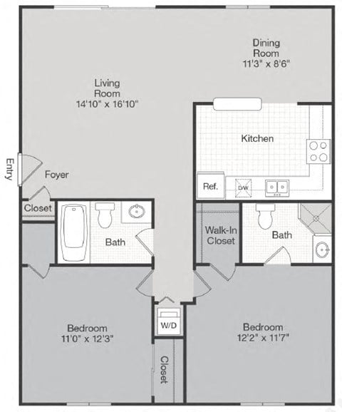 Floor plan for 2 beds, 2 baths, 1050 sqft